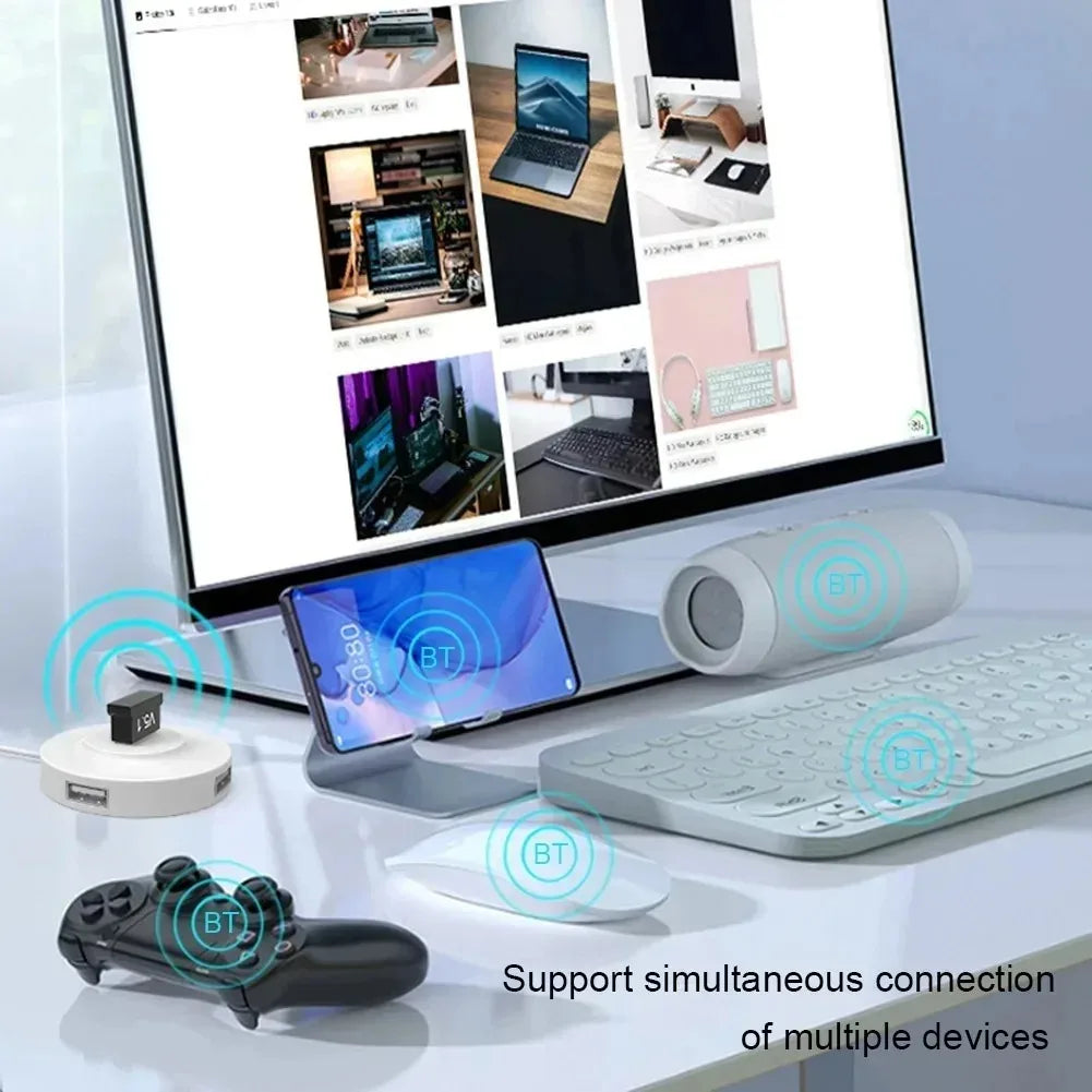 A laptop and various devices are shown with a Bluetooth adapter supporting simultaneous connection of multiple devices.