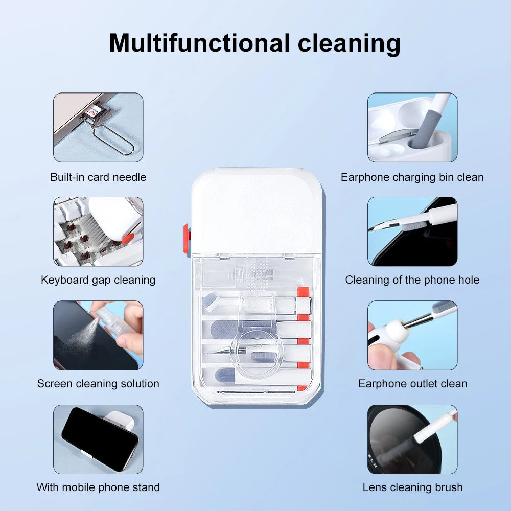 A white multi-functional cleaning kit with various tools for electronic devices including a card needle, brush, and cleaning 