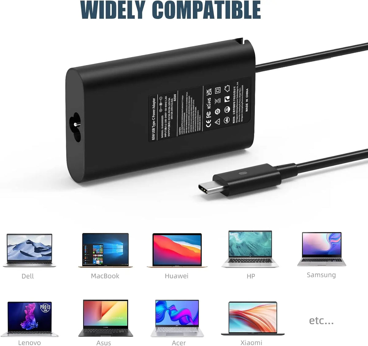 Adaptador de corriente USB Type-C negro de 65W para portátil, junto a diversas marcas de ordenador.