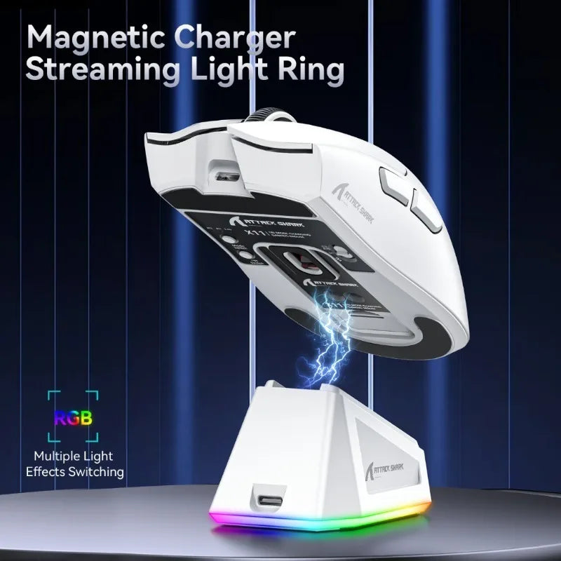 A white magnetic charger streaming light ring is shown above a glowing RGB light effect base.