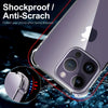 A clear shockproof anti-scratch phone case protecting an iPhone camera module while being dropped onto a surface.