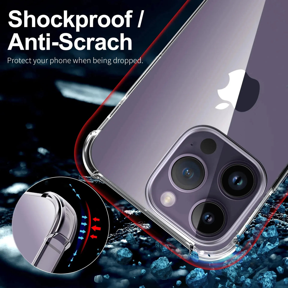 A clear shockproof anti-scratch phone case protecting an iPhone camera module while being dropped onto a surface.
