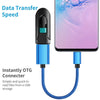 Blue USB-C to USB-A OTG adapter with a flexible cable connected to a smartphone for data transfer