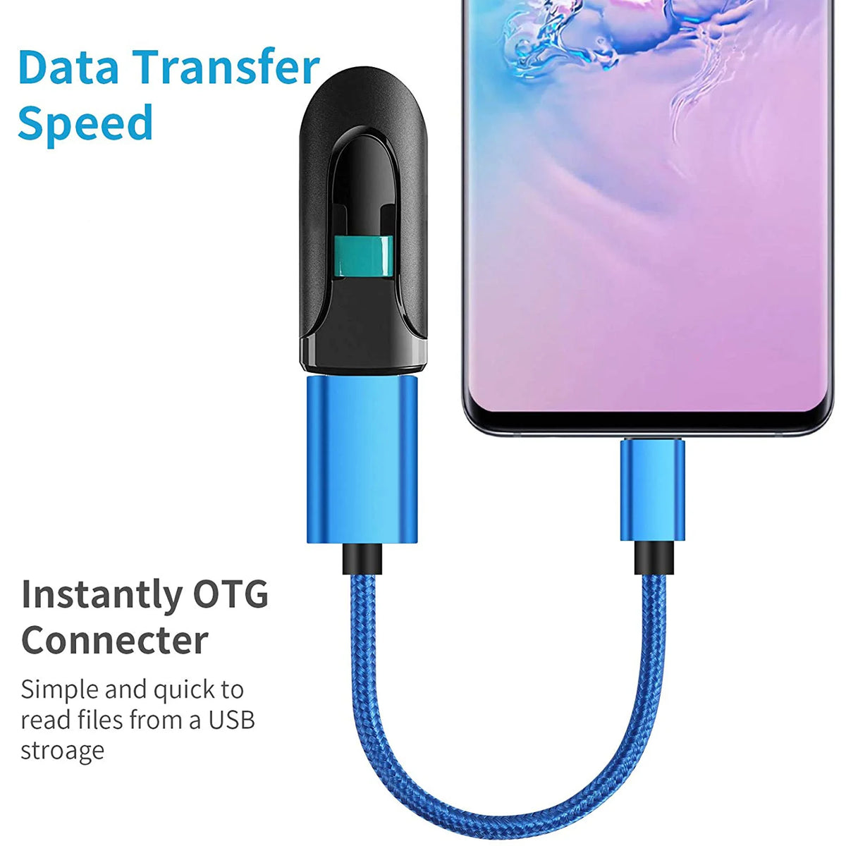 Blue USB-C to USB-A OTG adapter with a flexible cable connected to a smartphone for data transfer