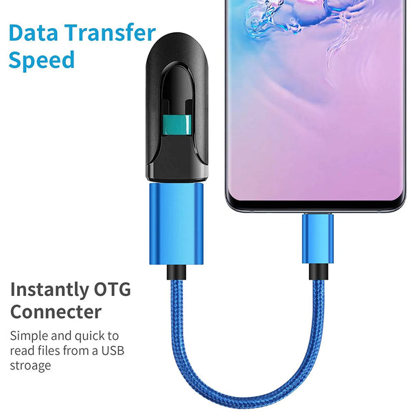 Blue USB-C to USB-A OTG adapter with a flexible cable connected to a smartphone for data transfer