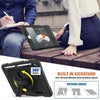 Black heavy duty rugged iPad case with a 360 degree rotating kickstand and shoulder strap shown in use.
