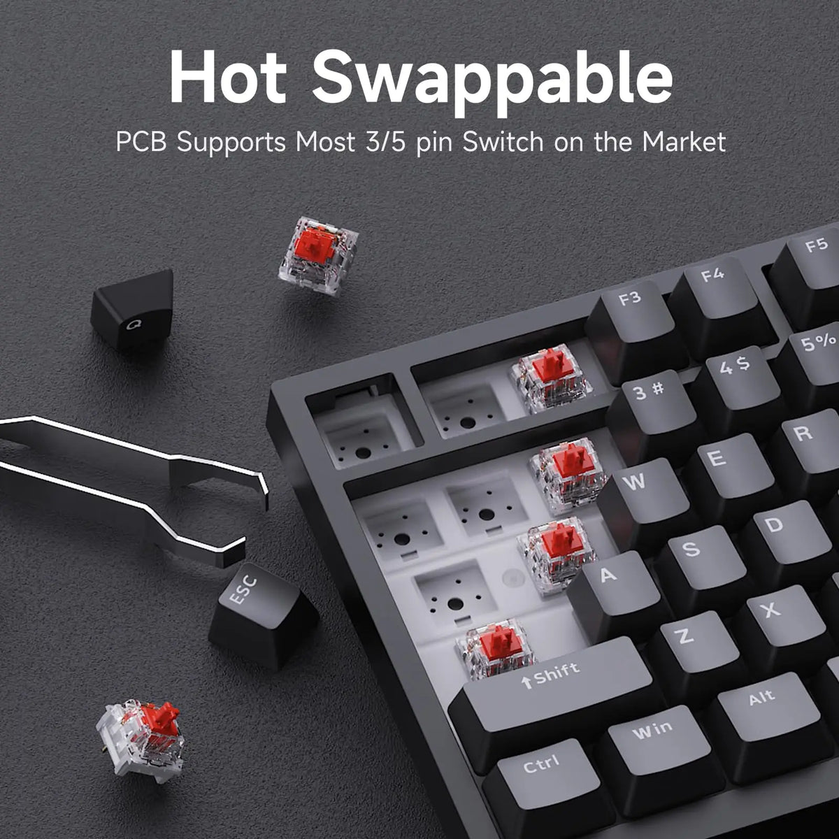 A close-up view of a black mechanical keyboard showing hot-swappable red switches and various switch components.