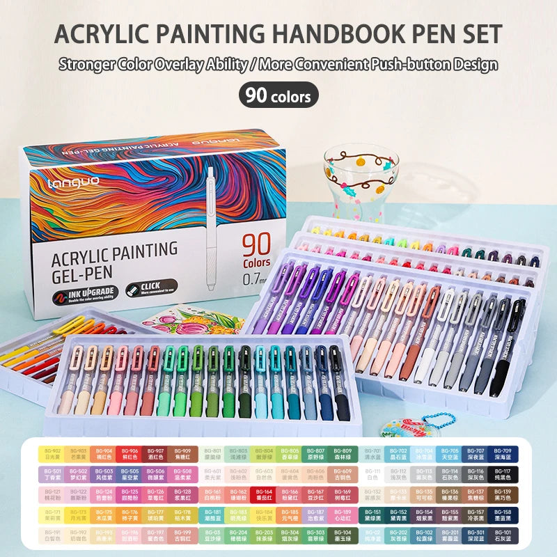 A box set of 90 colored acrylic painting gel pens with a push-button design displayed on a light blue surface.