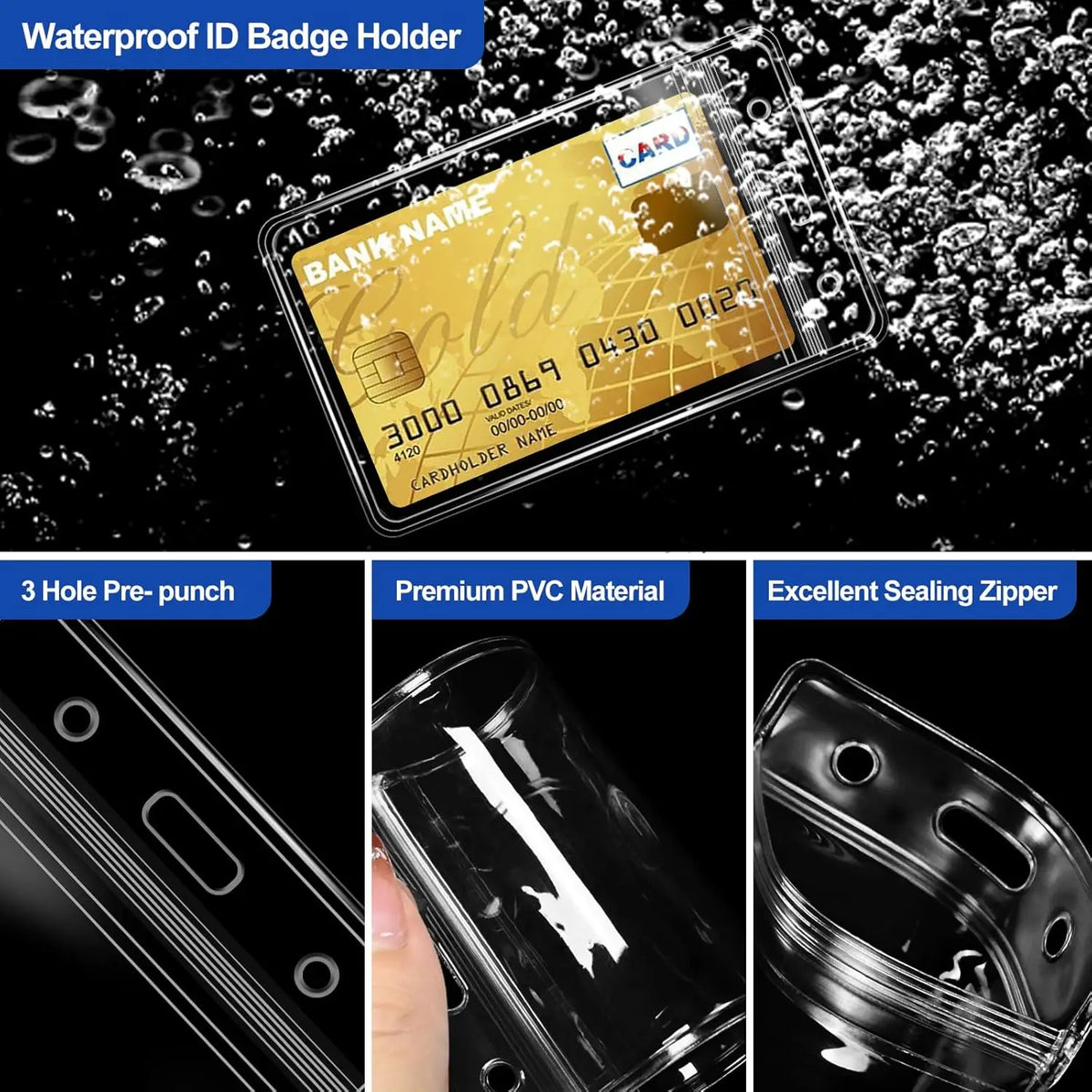 A clear plastic waterproof ID badge holder sleeve with a gold card inside, showing the pre-punched holes and sealing zipper.