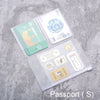 A transparent passport holder with multiple pages and stickers for travel documents