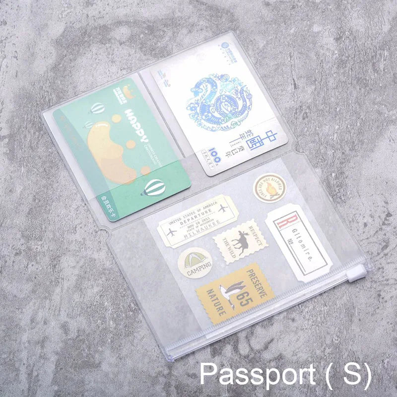 A transparent passport holder with multiple pages and stickers for travel documents