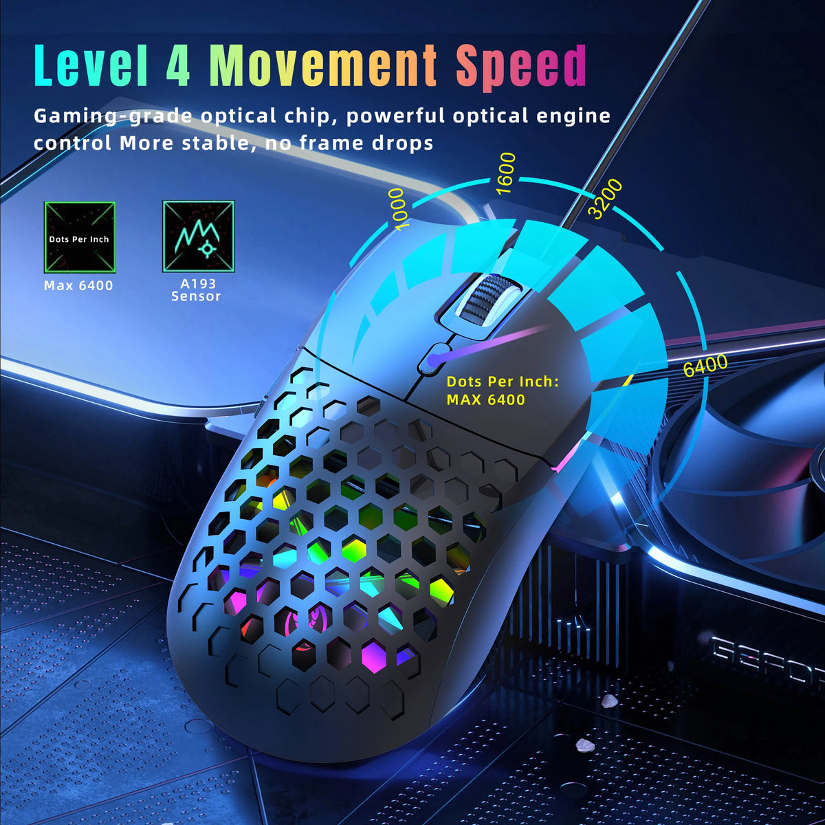 A close-up view of a dark blue optical gaming mouse with a perforated body, highlighting its high DPI sensor capabilities.