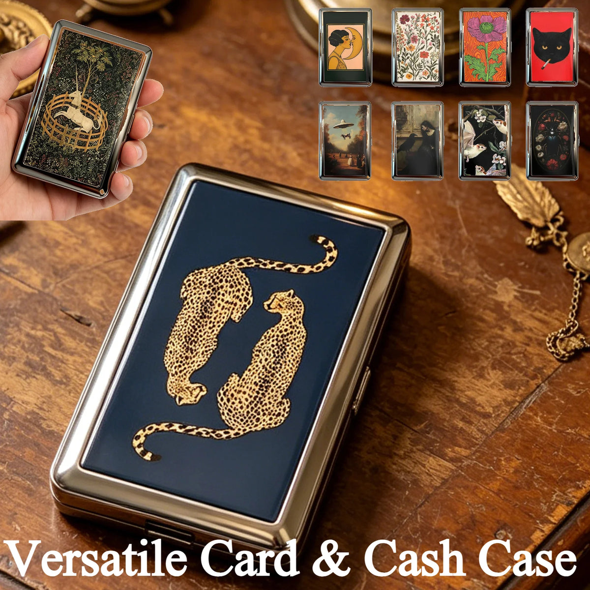 A close-up of a versatile card and cash case featuring a gold leopard design resting on a wooden surface.