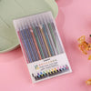 A clear plastic case containing a set of 12 colored glitter gel pens with a label showing various color options.