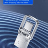 Silver metal flash drive with a protective casing and USB connector, shown against a blue background.