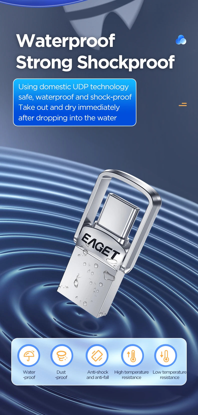 Silver metal flash drive with a protective casing and USB connector, shown against a blue background.