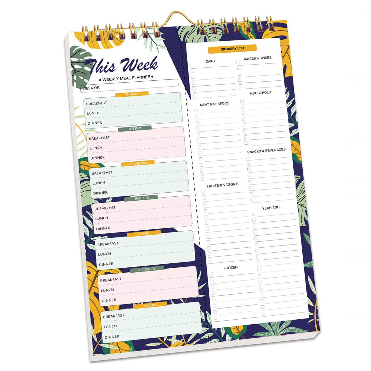 A weekly meal planner and grocery list pad with sections for breakfast, lunch, dinner, and various food categories.