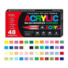 A box of acrylic brush markers with 48 colors and tips, including ink system and flexible tips.