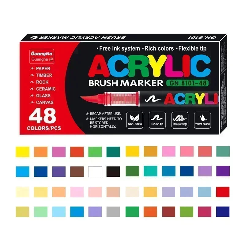 A box of acrylic brush markers with 48 colors and tips, including ink system and flexible tips.