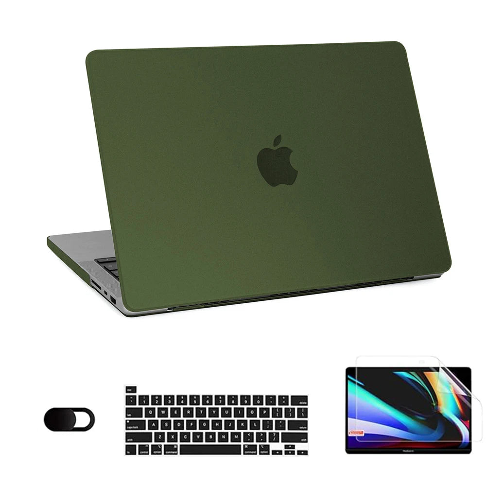 A dark olive green laptop is shown with a detached hard shell case, keyboard, and screen components.