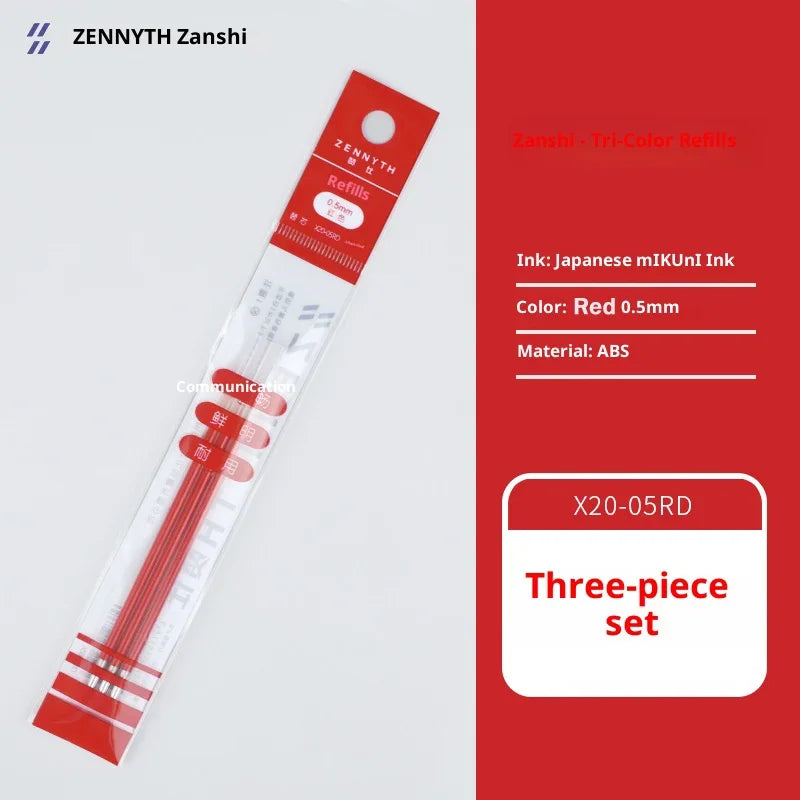 A red multi-color gel pen refill set for Zennyth pens, showing the packaging and product details.