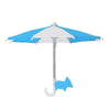 A blue and white umbrella stand with a suction cup base for holding a phone.