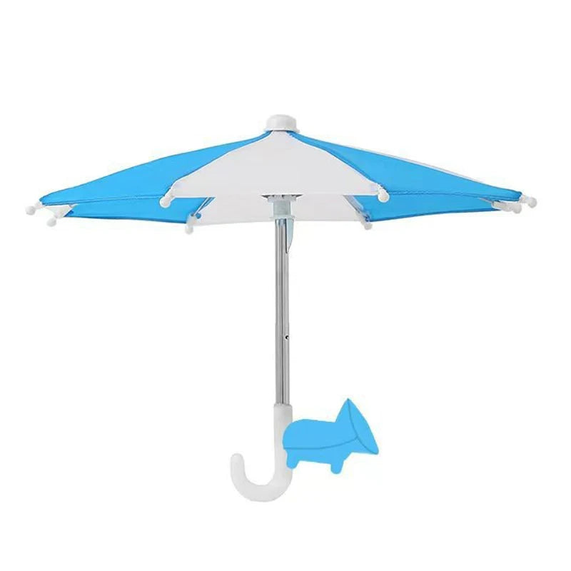 A blue and white umbrella stand with a suction cup base for holding a phone.