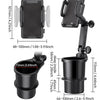 A black universal car cup holder mount with a rotating phone holder and a deep cup insert.