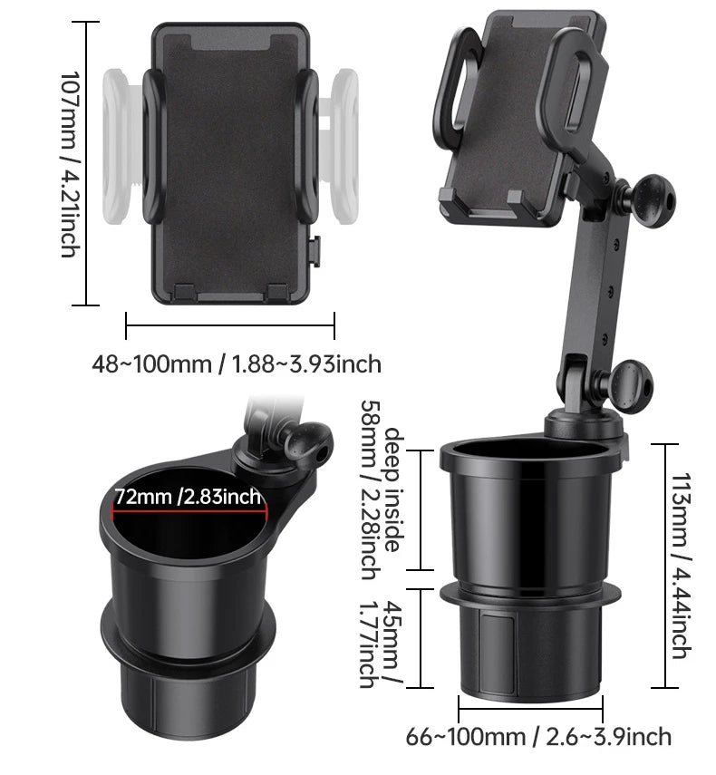 A black universal car cup holder mount with a rotating phone holder and a deep cup insert.