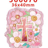 A pink acrylic hair bow featuring a floral design and a cross shape.