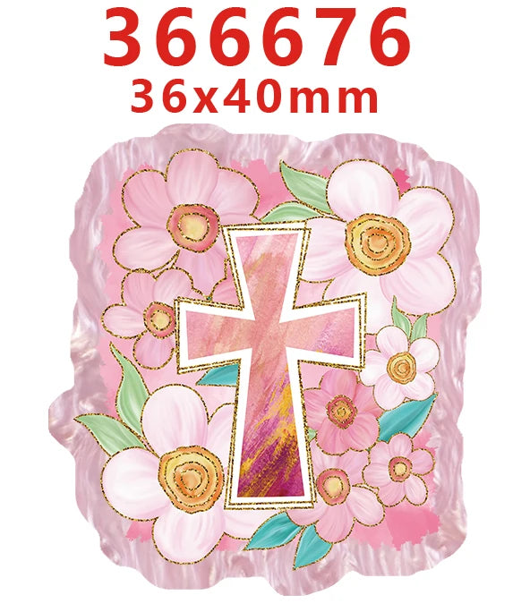 A pink acrylic hair bow featuring a floral design and a cross shape.