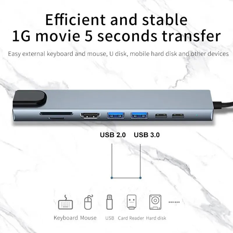 Silver 8-in-1 USB-C hub featuring ports for keyboard, mouse, U disk, mobile hard disk, and other devices.