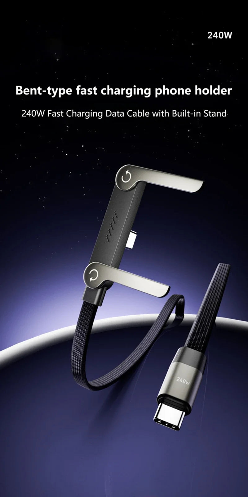 A black bent-type fast charging phone holder and data cable with a built-in stand shown against a dark background.