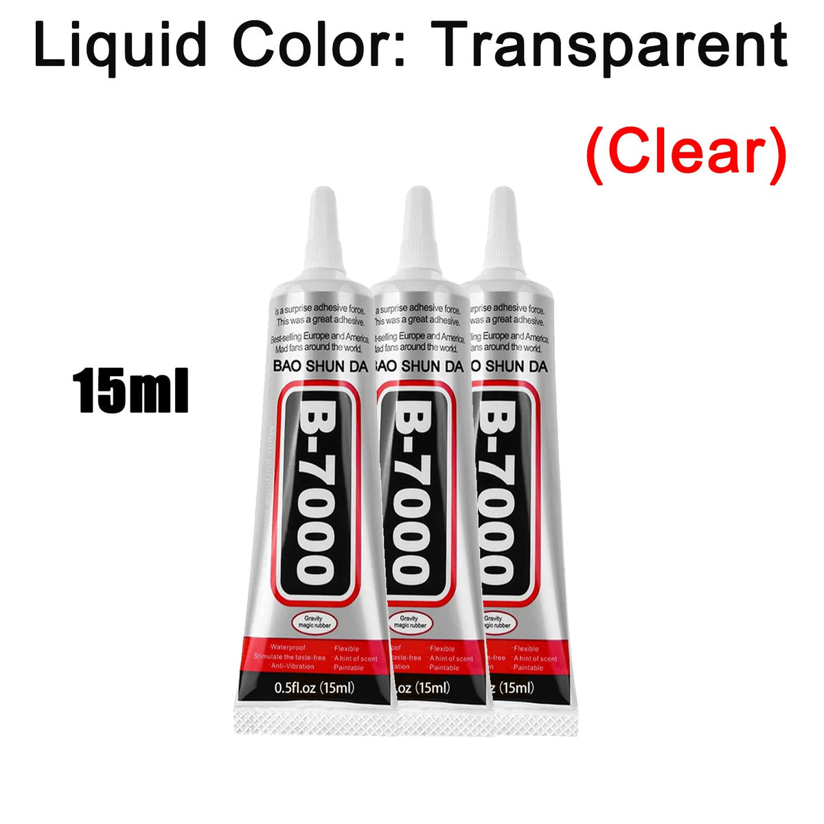 A tube of clear semi-fluid craft adhesive labeled B-7000 with a 15ml volume mark.