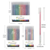 A set of 18 colored glitter gel pens displayed in packaging with measurements.