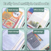A set of organized storage pouches for books, office documents, paper, and bills shown in various uses.