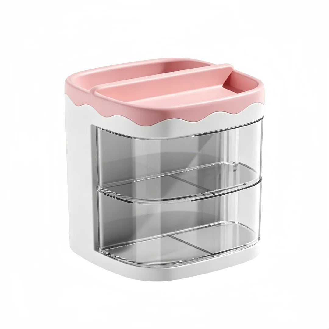A white desktop pen holder with a pink lid and two clear compartments.
