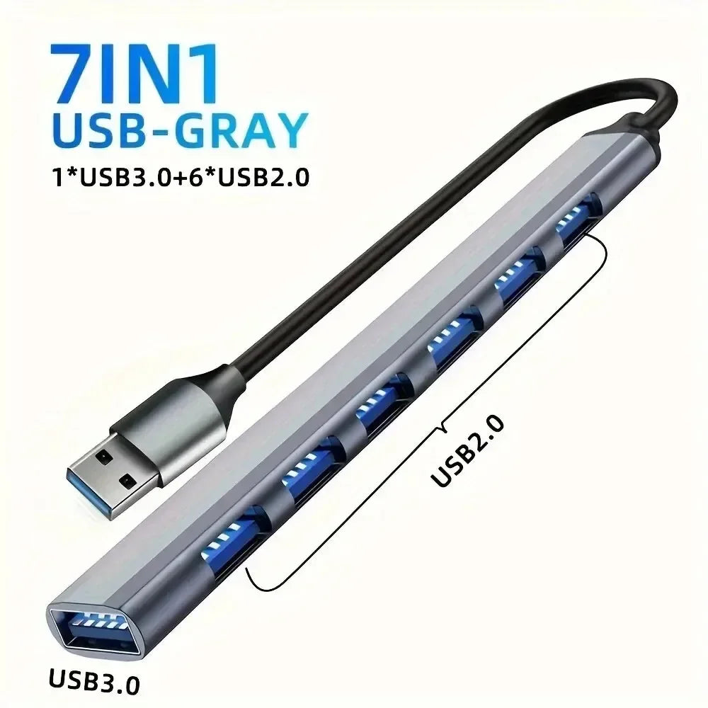 A gray 7-in-1 USB hub featuring multiple ports including USB 3.0 and USB 2.0 connectors.