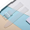A clear silicone watch strap is shown next to replacement tools on a light blue background.