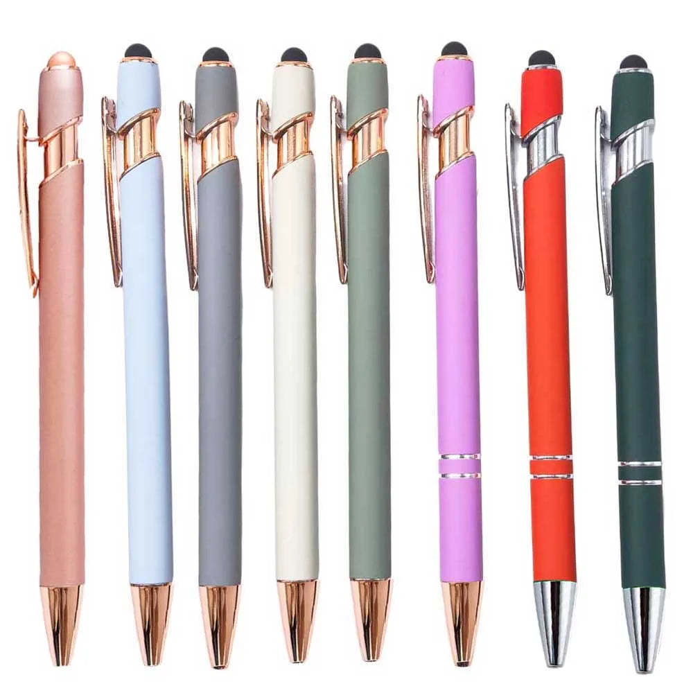 A row of ten metal stylus pens in various colors including pink, light blue, gray, white, green, purple, orange, and dark gre