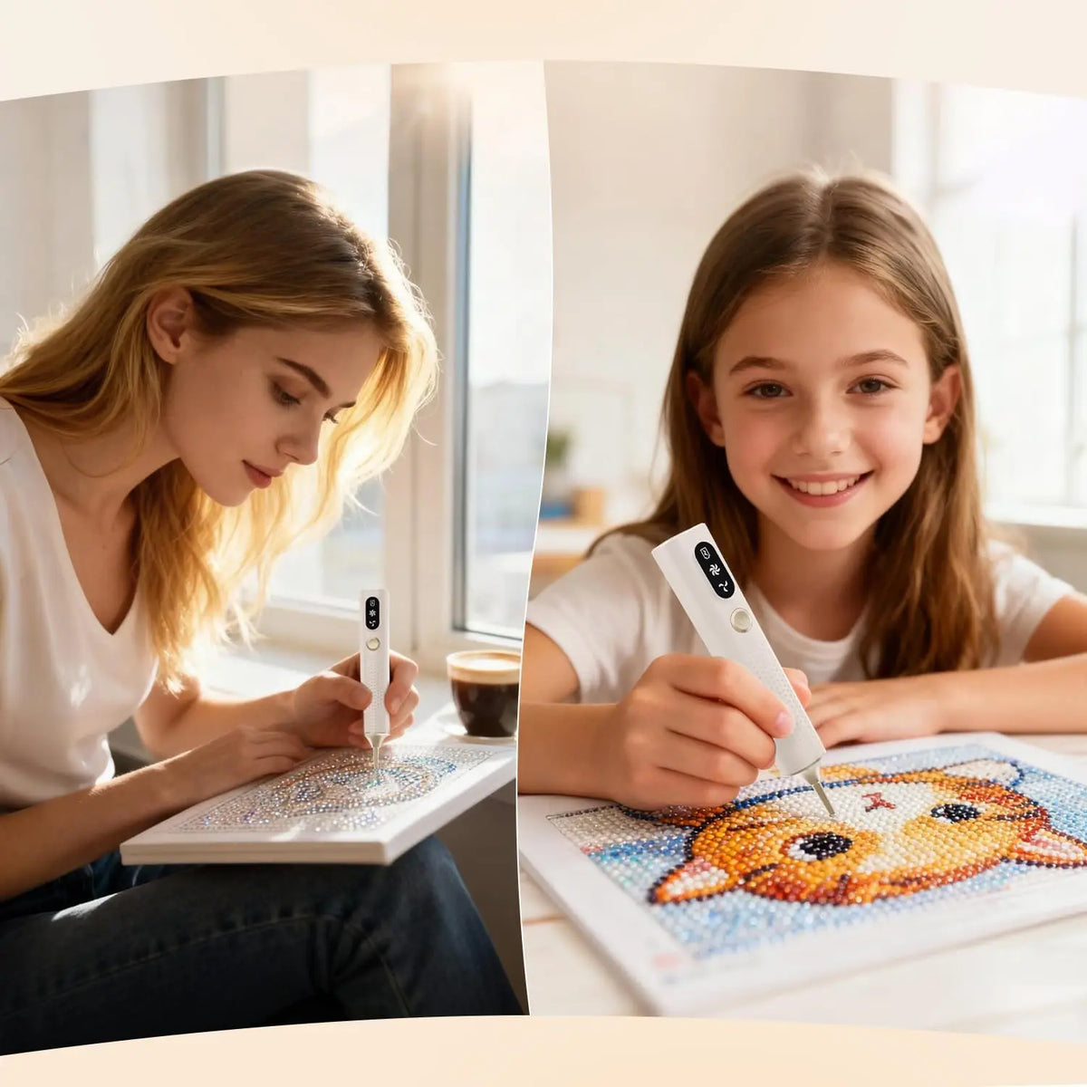 A young girl is painting a picture with an electric diamond painting pen on paper.