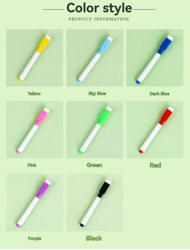 A grid showing eight dry erase markers in various colors: yellow, sky blue, dark blue, pink, green, red, purple, and black.