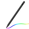 A black precision stylus with a thin body and a multicolored light trail extending from its tip.