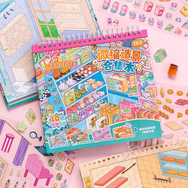 A colorful sticker book featuring a cute snack shop scene with various food items and DIY elements.