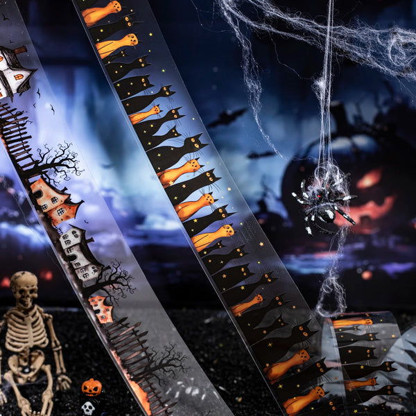 Vintage Gothic Halloween masking tape featuring black cats and orange accents for crafting
