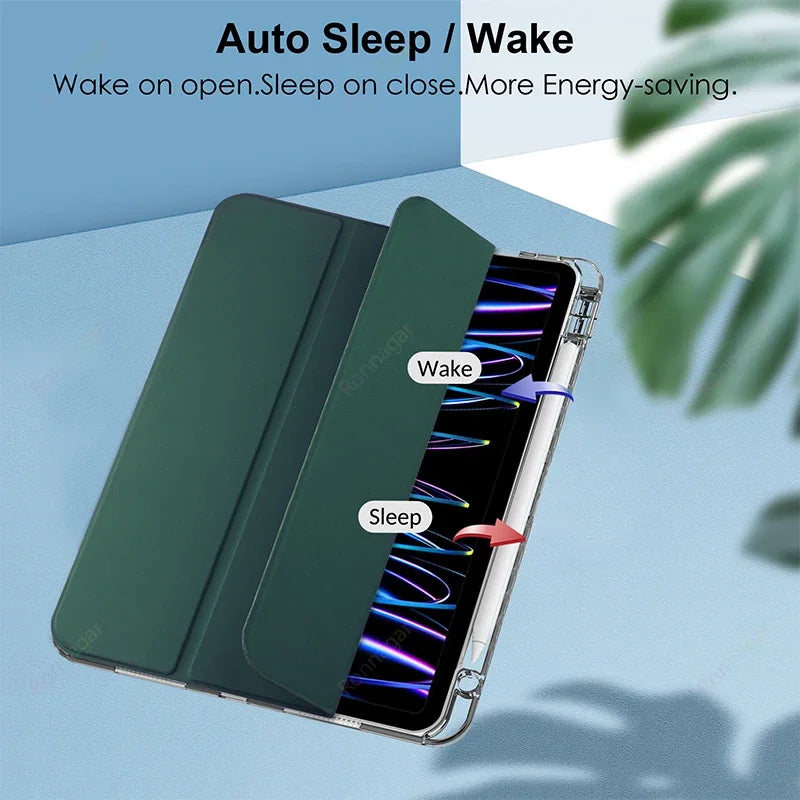 A green protective case for an Apple iPad demonstrating auto sleep and wake features.
