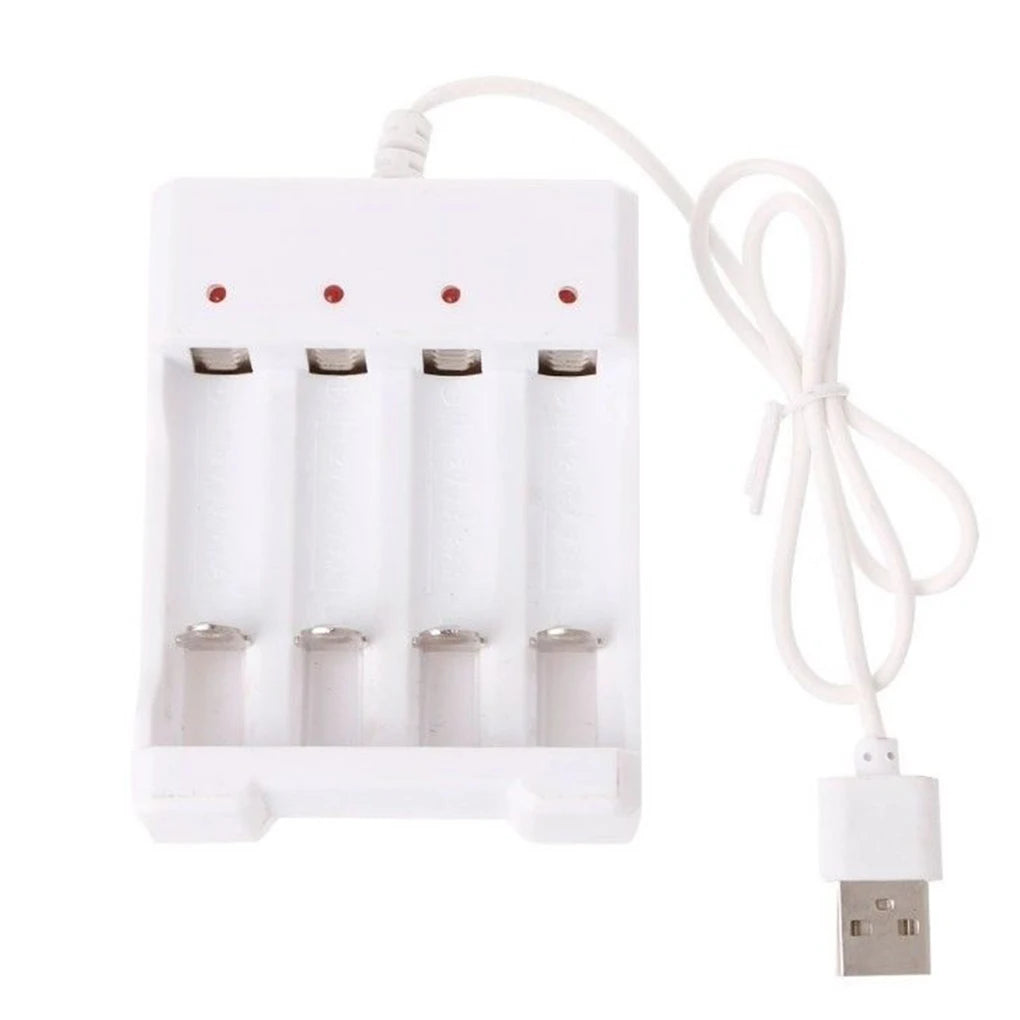 White universal rechargeable battery charger with multiple slots for AAA and AA cells
