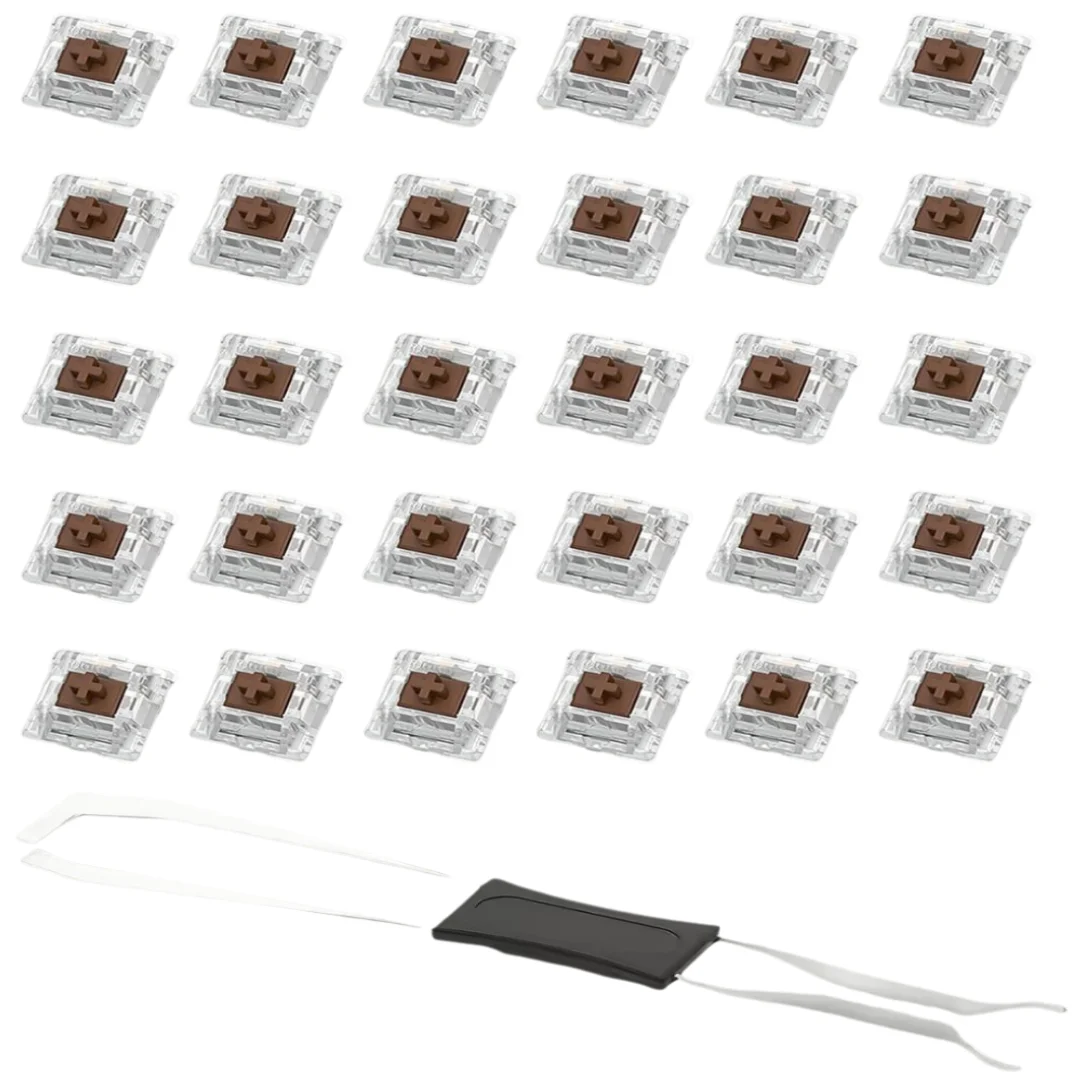 A set of adjustable mechanical keyboard switches and keycap pullers shown in various orientations.