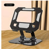 A black adjustable stand designed to hold a tablet or laptop, featuring a square frame and a flat base.