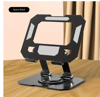 A black adjustable stand designed to hold a tablet or laptop, featuring a square frame and a flat base.